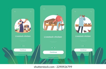 Livestock Chicken Mobile App Page Onboard Screen Template. Characters Tending To Hens On Farm, Feeding, Collect Eggs