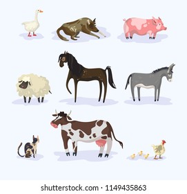 Livestock. A collection of domestic farm animals isolated on a white background with shadows, a horse, a sheep and a donkey, a cow and a pig, a goose and a chicken vector illustration