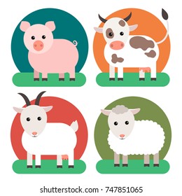 Livestock: cow, pig, goat and sheep. Vector illustration. Flat style.