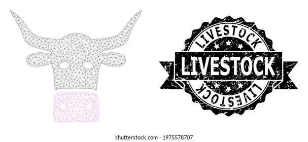 Livestock dirty seal print and vector livestock head mesh model. Black seal contains Livestock text inside ribbon and rosette. Abstract 2d mesh livestock head, built from flat mesh.