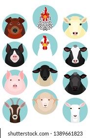 livestock faces round icon set