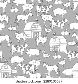 Livestock farm animals simple doodle sketch illustration seamless pattern grey background