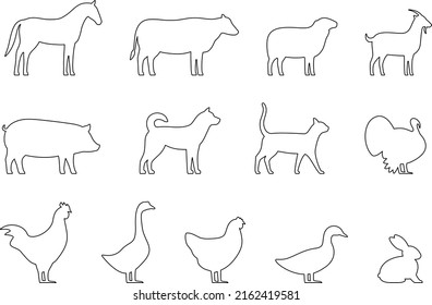 Livestock, Farm animals and their kids, black icons set, vector illustration