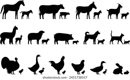 Livestock, Farm animals and their kids,  black icons set, vector illustration