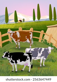 Livestock farm with cow, cattle on farming land view background vector illustration. Agricultural and harvest theme design.