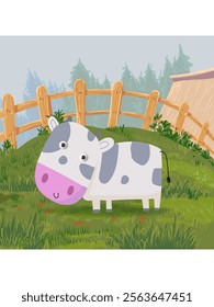 Livestock farm with cow, cattle on farming land view background vector illustration. Agricultural and harvest theme design.