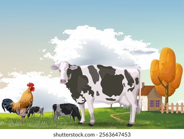 Livestock farm with cow, cattle on farming land view background vector illustration. Agricultural and harvest theme design.