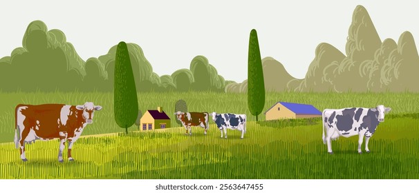 Livestock farm with cow, cattle on farming land view background vector illustration. Agricultural and harvest theme design.