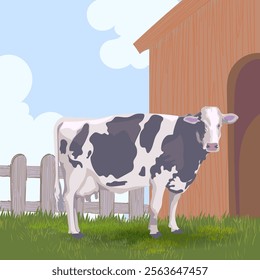 Livestock farm with cow, cattle on farming land view background vector illustration. Agricultural and harvest theme design.