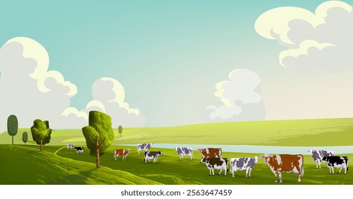 Livestock farm with cow, cattle on farming land view background vector illustration. Agricultural and harvest theme design.