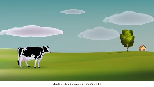 Livestock farm with cow, cattle on farming land view background vector illustration. Agricultural and harvest theme design.