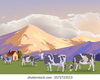 Livestock farm with cow, cattle on farming land view background vector illustration. Agricultural and harvest theme design.