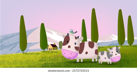 Livestock farm with cow, cattle on farming land view background vector illustration. Agricultural and harvest theme design.