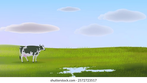 Livestock farm with cow, cattle on farming land view background vector illustration. Agricultural and harvest theme design.