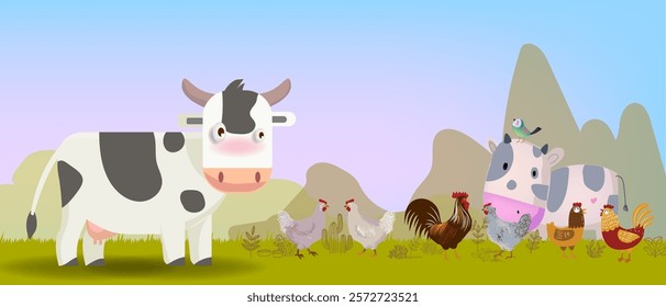 Livestock farm with cow, cattle on farming land view background vector illustration. Agricultural and harvest theme design.