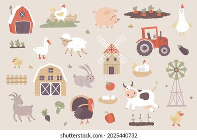 Livestock farm isolated objects set. Collection of pig, cow, sheep, goat, chicken, goose, turkey, rabbit, tractor, vegetables in garden, farming. Vector illustration of design elements in flat cartoon