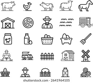 Livestock And Farm Line Icons Set. Cattle, Agriculture, Barn, Farming Tools. Vector Illustration. Editable Stroke	