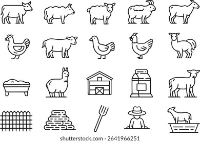 Livestock And Farm Line Icons Set. Cattle, Agriculture, Barn, Farming Tools. Vector Illustration. Editable Stroke