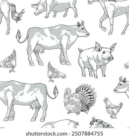 Livestock farm seamless pattern monochrome with cows and pigs or turkeys and chickens near horses raised on ranch vector illustration