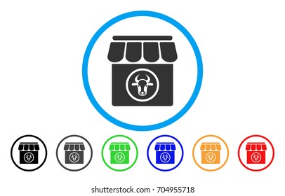 Livestock Farm vector rounded icon. Image style is a flat gray icon symbol inside a blue circle. Bonus color versions are gray, black, blue, green, red, orange.