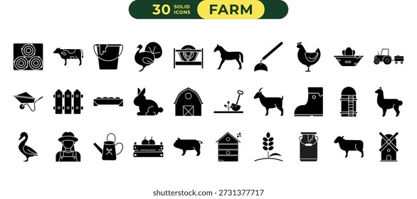 Conjunto de Ícones Sólidos da Pecuária | Gráfico vetorial | Agricultura, Celeiro, Feno, Bovinos, Aves De Capoeira, Ovinos, Suínos, Caprinos, Cavalos, Ferramentas, Alimentação, Vida Rural, Criação De Animais, Gestão Agrícola