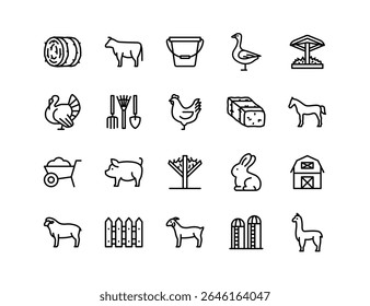 Conjunto de Ícones Vetoriais de Pecuária | Espessura ajustável da linha | Agricultura, celeiro, feno, gado, aves, ovinos, suínos, ferramentas agrícolas, alimentação, vida rural, criação de animais, ícones de gestão agrícola