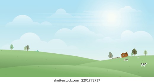 Livestock flat design illustration background for eco or daily products advertisement. Rural landscape with hills, farm, field, trees, grass, log cabin and cows.