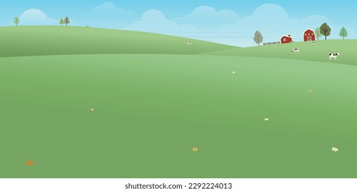 Livestock flat design illustration background have blank space at grass field for eco or daily products advertisement. Rural landscape with hills, field, trees, grass, log cabin, farm and cows.