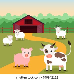 Livestock grazing near the farm: pig, cow, goat, sheep. Flat vector illustration.