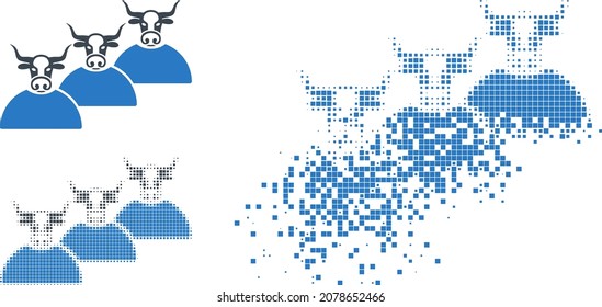 Livestock herd pictogram with fragmented effect. Disappearing effect uses circle sparks. Livestock herd in fractured, pixelated halftone and basic whole vector versions.