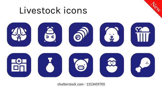 livestock icon set. 10 filled livestock icons.  Collection Of - Hamster, Bale, Chicken, Veterinary, Pig, Chick