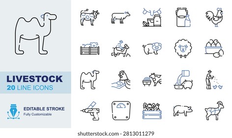 Livestock icon set. Editable line icons camel, dairy cow, ox, milk jar and rooster vector illustration