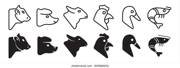 Livestock icon set. Farm animal icons set. Butchery meat shop sign illustration.