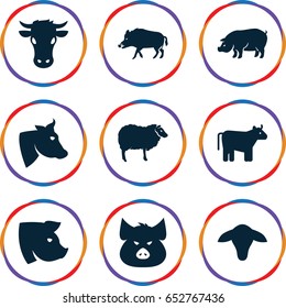 Livestock icons set. set of 9 livestock filled icons such as cow, goat, hog, pig