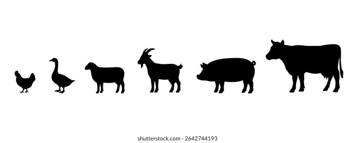Livestock icons set. Animals in farm. Pig, goat, chicken, duck, cow, sheep silhouette. Vector illustration