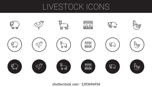livestock icons set. Collection of livestock with sheep, chicken, donkey, chicken coop, pig, hen. Editable and scalable livestock icons.
