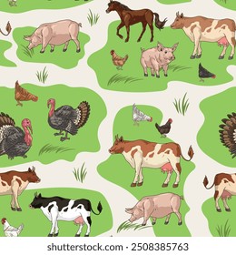 Livestock industry pattern seamless colorful with pigs and horses near turkeys and chickens raised for meat production vector illustration