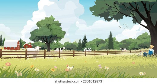 Livestock landscape have farmer sleeping under the big tree with his dog vector illustration. Rural farm flat design for eco or daily products advertisement.