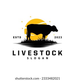 Livestock Logo, Fram Garden Design, Cow Logo Vector Badge Longhorn Bull Cattle Vintage Label Template