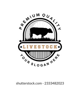 Livestock Logo, Fram Garden Design, Cow Logo Vector Badge Longhorn Bull Cattle Vintage Label Template