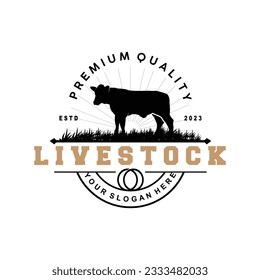 Livestock Logo, Fram Garden Design, Cow Logo Vector Badge Longhorn Bull Cattle Vintage Label Template