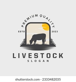 Livestock Logo, Fram Garden Design, Cow Logo Vector Badge Longhorn Bull Cattle Vintage Label Template