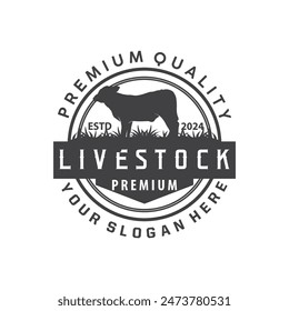 Livestock Logo, Fram Garden Design, Cow Logo Vector Badge Longhorn Bull Cattle Vintage Label Template
