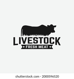 Livestock Logo with Silhouette of Cow. Suitable for Farm Livestock Cattle Ranch Butchers Butchery Deli Meat Shop Market in Vintage Hipster Retro Style Logo Design Template.