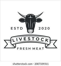 livestock logo vintage vector illustration template icon design. head of cow or buffalo logo for butcher or butchery shop retro style concept