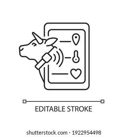 Icono lineal de monitorado de ganado. Sistema de seguimiento de ganado. Monitor de ubicación de vaca. Agitecnología inteligente. Ilustración personalizable de línea delgada. Símbolo de contorno. Dibujo de contorno aislado del vector. Trazo editable