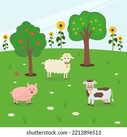 Livestock On Pasture. Cow, Sheep, Pig. Flat Style. Vector Illustration 