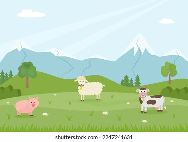 Livestock on pasture. Landscape. Cow, sheep, pig. Flat style. Vector illustration 