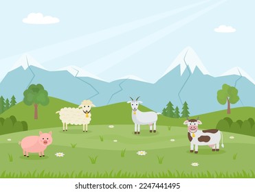 Livestock on pasture. Landscape. Cow, sheep, goat, pig. Flat style. Vector illustration 