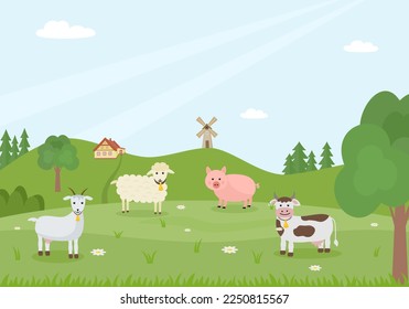 Livestock on pasture. Landscape. Cow, sheep, goat, pig. Flat style. Vector illustration 